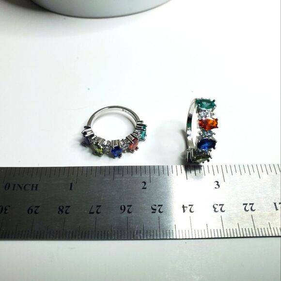 14K White Gold on 925 Multi Color Oval Cut Sapphire Cocktail Ring Women's - Picture 8 of 9